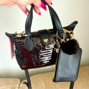 🆕4PC JUICY COUTURE Black Sequin CUTESY MINI TOTE Crossbody Satchel Charms Wallet